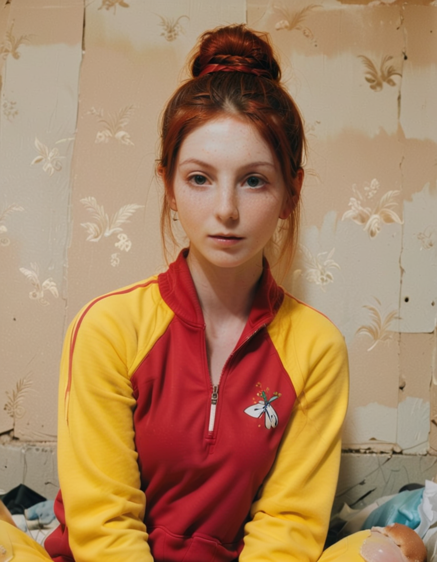 an overexposed film still with soft lighting, captured by emily stein; it is showcased a czech, adult, and tender sister, having a cherry-red-haired bun and an upturned nose; wearing a feminine yellow long tracksuit; lounging around amidst a dirty slum bedroom. <lora:AnalukXL8:1>