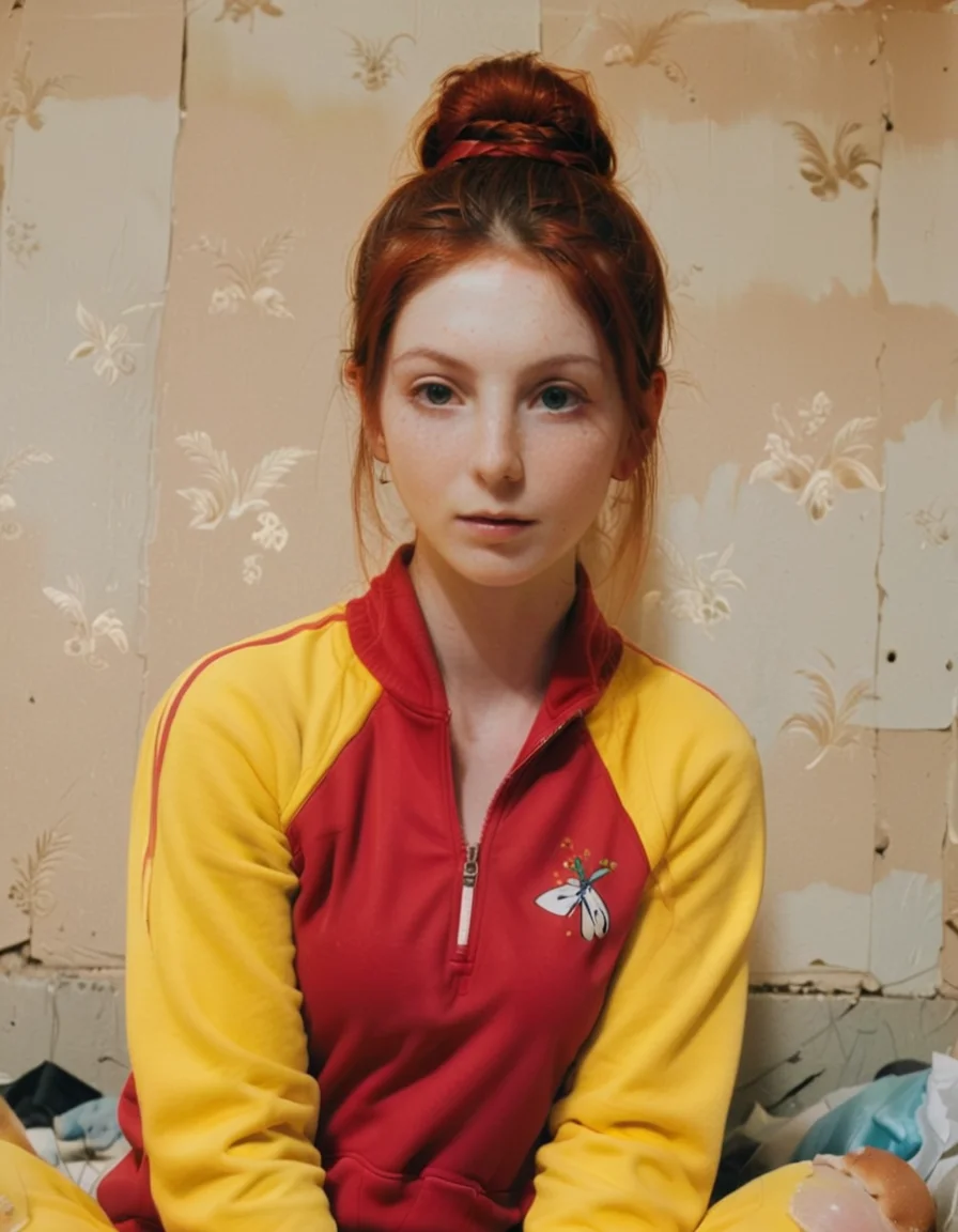 an overexposed film still with soft lighting, captured by emily stein; it is showcased a czech, adult, and tender sister, having a cherry-red-haired bun and an upturned nose; wearing a feminine yellow long tracksuit; lounging around amidst a dirty slum bedroom. <lora:AnalukXL8:1>