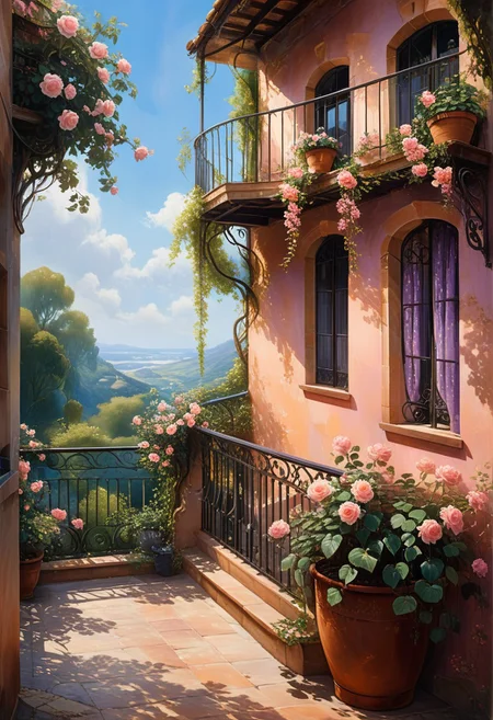 Suspended in midair above clouds tinged with peach and lilac, this timeless balcony stretches into the sky. Wisteria vines bloom wildly from every iron support, cascading in soft violet waterfalls. The terrace in the foreground has rustic stone tiles, a wrought iron railing, and a terracotta pot overflowing with vibrant pink roses. A gentle breeze stirs lace curtains, and hummingbirds drift by like floating dreams.