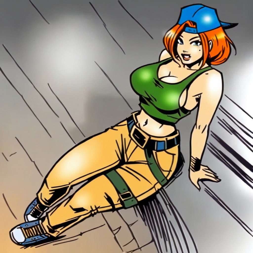 1girl, solo, blue eyes, Brown eyes, tank top, belt, big breast, blue headband, mole, navel, sneakers, orange hair, backwards hat, shoes