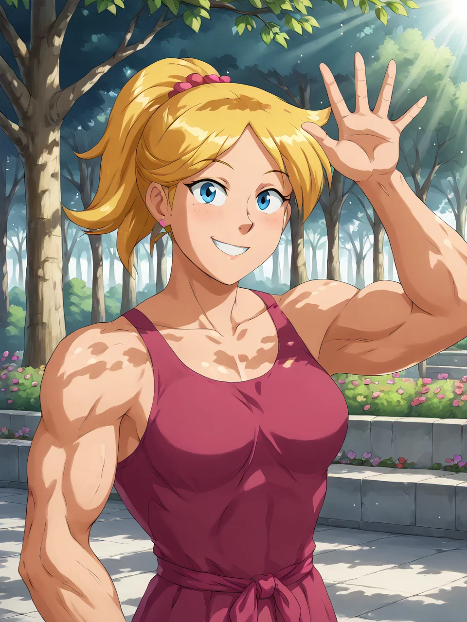 core_9, score_8_up, score_7_up, BREAK, M0sc0l4rCl0v3r, 1girl, blue eyes, blonde hair, ponytail, pink dress, muscular female, outdoor, garden, smile, upper body, raise left arm, day, outdoor, waving, looking at viewer, sunlight, shadows, natural lighting, sunlight, light particles, light rays, sunbeam, dappled sunlight <lora:Muscular_Clover-000009:1>
