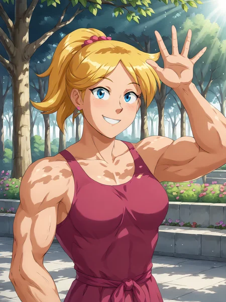 core_9, score_8_up, score_7_up, BREAK, M0sc0l4rCl0v3r, 1girl, blue eyes, blonde hair, ponytail, pink dress, muscular female, outdoor, garden, smile, upper body, raise left arm, day, outdoor, waving, looking at viewer, sunlight, shadows, natural lighting, sunlight, light particles, light rays, sunbeam, dappled sunlight <lora:Muscular_Clover-000009:1>