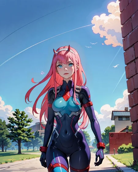 (<lora:Zero_Two_Darling:0.8> Zero_Two_Darling, :1.2), (full length 24 years old adult woman medium bosom:1.1), BREAK teal eyes, , (Zero Two from Darling in the Franxx style of Seb Janiak), vivid magenta hair, teal blue eyes, armored bodysuit, chrome accents, sharp metallic horns, dynamic action pose, dystopian battlefield ruins, glowing blue sky, smoke, futuristic mech silhouettes, dramatic shadows, intense determination