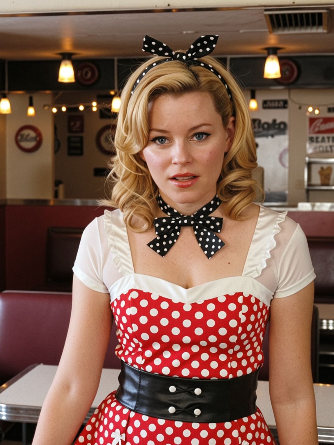 <lora:dmd2_sdxl_4step_lora_fp16:1>
<lora:elbanks_v3_biglust:1>elbanks woman,long hair,parted lips,
half body of a beautiful woman in rockabilly style,blonde hair,red lipstick,perfectly coiffes,with a flared polka dot dress cinched at the waist,a headscarf tied in a playful bow,retro charm,american diner,moviestar,detailed,movie-inspired scene,cinema lights,looking at viewer,vintage,intricate details,8k texture,rich texture details,extremely detailed,ultra high quality model,trending on artstation, rating_safe,clothed, ,