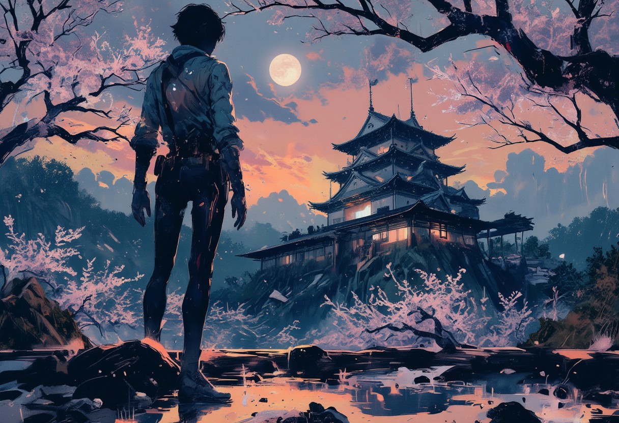 in the style of ck-mgs, nistyle, Special Ink-drawing mode, intricate linework with expressive contrasts, Mh1$AgThS2, Inkplash art on rice paper, sepia, henna , Silhouette Art, magnificent, inksplash anime art, pscho_4rt, a breathtaking ultra-HD anime-style illustration of a electro_style, cowboy, masterpiece, best quality, newest, absurdres, highres, by an ancient japanese edo castle, sunset, ink artwork, sharp color, sakura trees in the background, moon in background. The atmosphere is tranquil yet powerful, evoking a sense of nostalgia and wonder. Highly detailed character, precise silhouette, cinematic lighting, ultra-realistic textures, dreamy and immersive composition, masterpiece. (mainly blue colors)