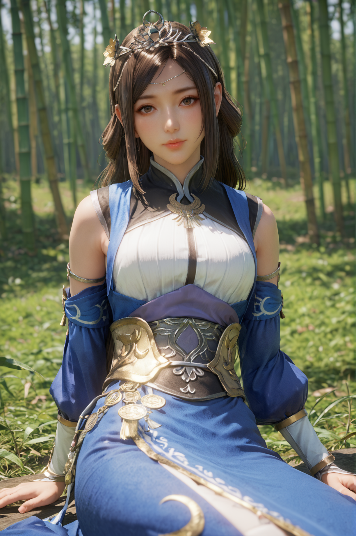 score_9, score_8_up, score_7_up, 1girl, solo, looking at viewer, cowboy shot, Lying on the side, resting on elbow, <lora:Cai_Wenji_Dynasty_Warriors:0.8> long hair, brown hair, brown eyes, jewelry, hair ornament, tiara, dress, detached sleeves, pantyhose, nature, bamboo, blurry, depth of field
