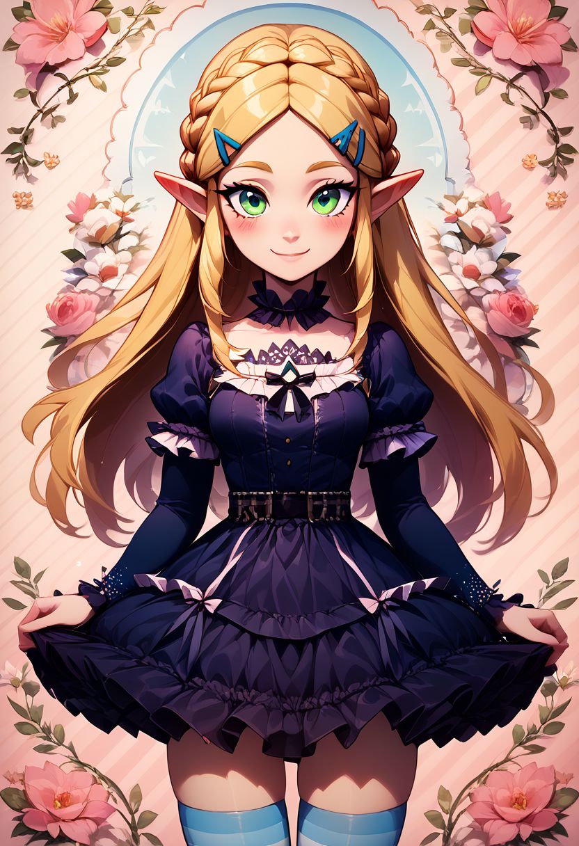 score_9, score_8_up, score_8, medium breasts, (curvy), cute, eyelashes,     
BREAK,
princess zelda, green eyes, long hair, crown braid, hairclip, pointy ears,
BREAK,
 closed mouth, alternate costume, smile, looking at viewer, blush, 
zzLFashion, black frilled dress, frills, bow, dress, striped thighhighs, ribbons, 
floral background, 
zPDXL,