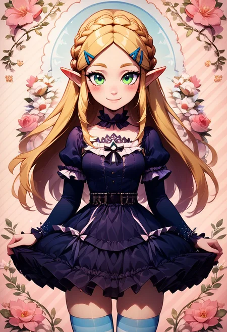 score_9, score_8_up, score_8, medium breasts, (curvy), cute, eyelashes,
BREAK,
princess zelda, green eyes, long hair, crown braid, hairclip, pointy ears,
BREAK,
closed mouth, alternate costume, smile, looking at viewer, blush,
zzLFashion, black frilled dress, frills, bow, dress, striped thighhighs, ribbons,
floral background,
zPDXL,
