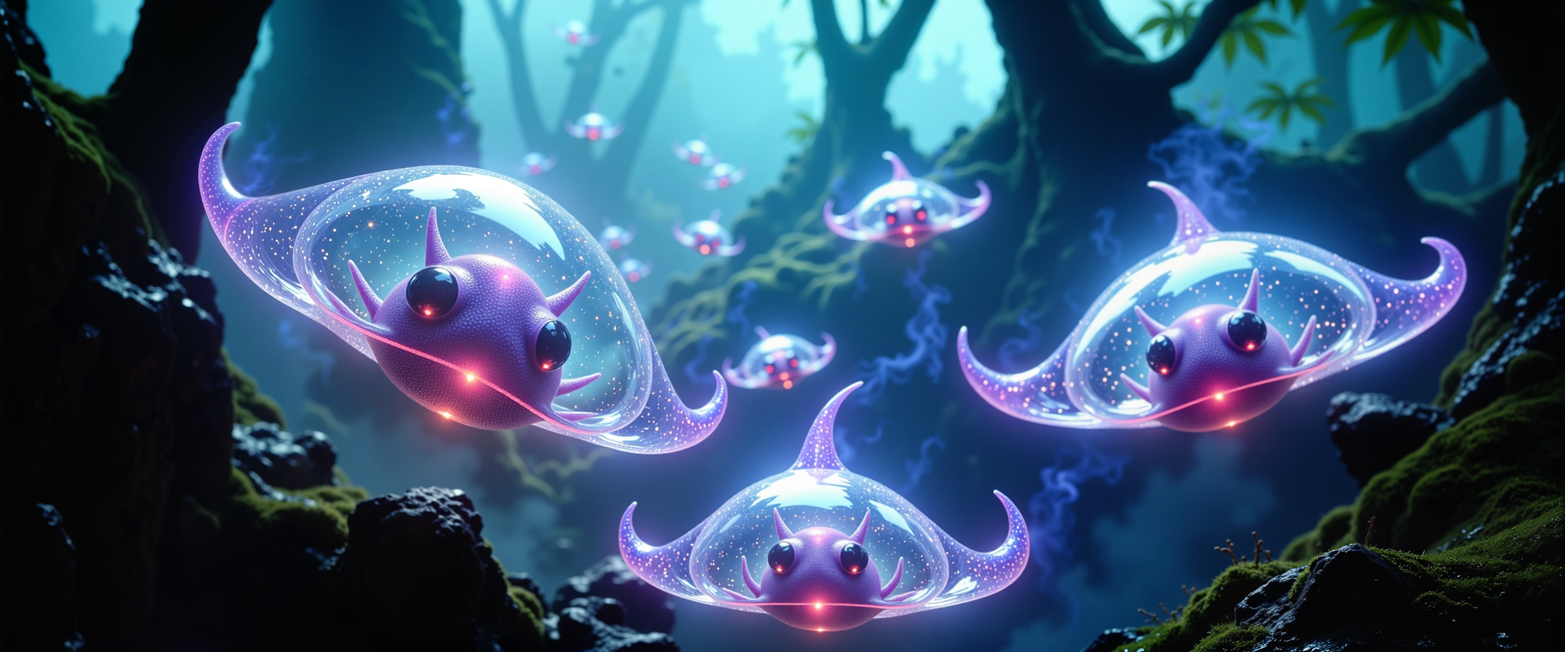 mythical and wondrous scenery on a distant world, creature focus, very aesthetic, cinematic film still from an award-winning alien wildlife documentary, hyperrealistic, ultra high resolution, bioluminescence, subsurface scattering, the "mannerly schloppmingo" is an ethereal, gas-filled, lifeform, often seen drifting like airships in small groups around the planets numerous snurblesteam vents amidst the shmoddering vaporglades deep within the forests of planet "zoffeldirly x." these dense biomes are bathed in teal mist and low golden light emitted by glowing fungi growing around the steam-spewing formations. giant moss-covered trees with twisted roots rise through canopies of emerald green bioluminescent fronds. tendrils of steam drift upward from snurblesteam vents, and shimmering plumes saturate the air with a aelgerbratz-infused haze. clusters of schloppmingos glide silently through the vapor, their translucent, gas-filled bodies gently pulsing with ultramarine blue and neon cyan hues as they sip nutrient-rich microdroplets from the warm fog. each creature is softly spherical and equipped with coiling shmagger tendrils and gleaming lavender markings, its large expressive eyes piercing the dim light of the mist-choked jungle, ovg, arsmoviestill, dndgr41nyb0yz style, <lora:image_upgrade-flux-by_zeronwo7829:0.6> <lora:style-80s_fantasy_movie-v3-flux-by_arsmachina:0.92> <lora:style-dnd_grainyboyz-romulus-flux-by_kimwithdapuss:0.48>