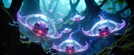 mythical and wondrous scenery on a distant world, creature focus, very aesthetic, cinematic film still from an award-winning alien wildlife documentary, hyperrealistic, ultra high resolution, bioluminescence, subsurface scattering, the "mannerly schloppmingo" is an ethereal, gas-filled, lifeform, often seen drifting like airships in small groups around the planets numerous snurblesteam vents amidst the shmoddering vaporglades deep within the forests of planet "zoffeldirly x." these dense biomes are bathed in teal mist and low golden light emitted by glowing fungi growing around the steam-spewing formations. giant moss-covered trees with twisted roots rise through canopies of emerald green bioluminescent fronds. tendrils of steam drift upward from snurblesteam vents, and shimmering plumes saturate the air with a aelgerbratz-infused haze. clusters of schloppmingos glide silently through the vapor, their translucent, gas-filled bodies gently pulsing with ultramarine blue and neon cyan hues as they sip nutrient-rich microdroplets from the warm fog. each creature is softly spherical and equipped with coiling shmagger tendrils and gleaming lavender markings, its large expressive eyes piercing the dim light of the mist-choked jungle, ovg, arsmoviestill, dndgr41nyb0yz style, <lora:image_upgrade-flux-by_zeronwo7829:0.6> <lora:style-80s_fantasy_movie-v3-flux-by_arsmachina:0.92> <lora:style-dnd_grainyboyz-romulus-flux-by_kimwithdapuss:0.48>