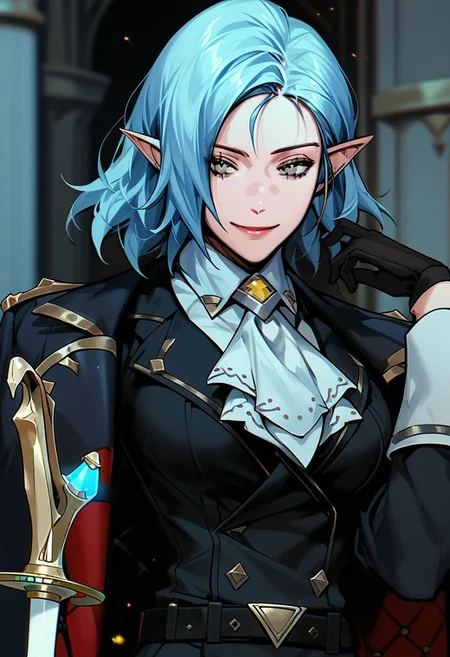 score_9,score_8_up,score_7_up,source_anime, Lucilicca La'elaya,1girl,solo,breasts,looking at viewer,smile,shirt,gloves,long sleeves,jewelry,blue hair,weapon,earrings,black gloves,belt,sword,grey eyes,ascot,rapier,