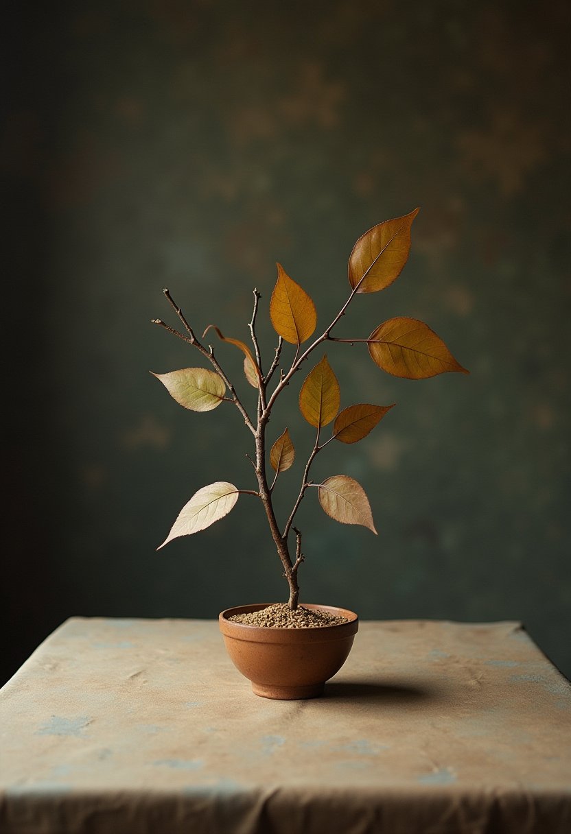 The image depicts a table set against a vast, shadowy landscape, its Earth-toned surface contrasting with the soft, ethereal lighting. In the center, a curious arrangement of wind-blown leaves and twigs forms an abstract composition that seems to defy gravity. The playful, funny nature of the scene is enhanced by the artful arrangement, as if the objects are posing for a still life by Paul Cézanne. The soft focus and abstract photography techniques further blur the lines between reality and fantasy, creating a dreamlike atmosphere.