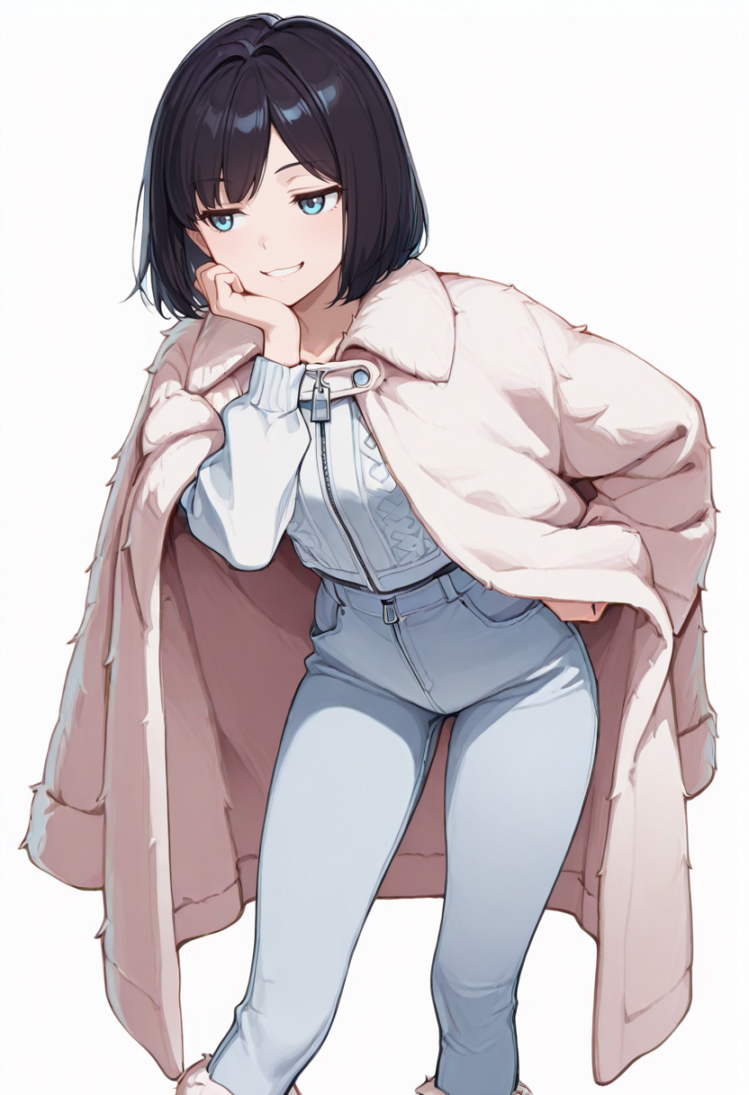 masterpiece,high quality details, absurdres,
 <lora:Sara_Takahashi:0.8> 
sara_cnr,1girl, black hair, bob cut,  short hair, bangs, blue eyes,, simple background, white background, front view,solo,, clenched teeth,bored,, standing pose,one hand resting on chin,playful smile,, cape,fur coat,pants,,zipper legwear,