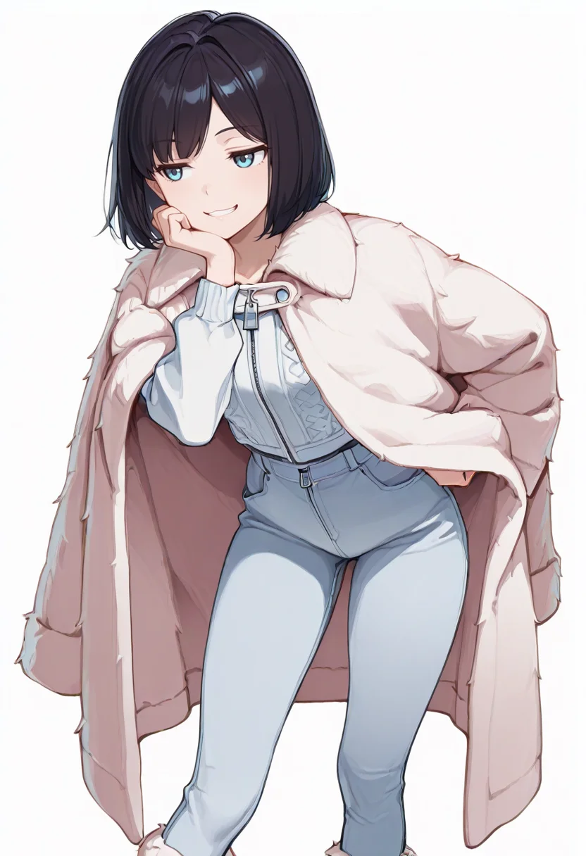 masterpiece,high quality details, absurdres,
<lora:Sara_Takahashi:0.8>
sara_cnr,1girl, black hair, bob cut, short hair, bangs, blue eyes,, simple background, white background, front view,solo,, clenched teeth,bored,, standing pose,one hand resting on chin,playful smile,, cape,fur coat,pants,,zipper legwear,