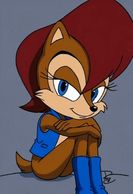 Sally Acorn, sonic character, sonic style, anthro, furry, 1girl, female, solo,
red brown hair, brown fur, blue eyes,
blue vest, blue boots,
smiling,
sitting, ((head resting on knees)), looking at viewer, bedroom eyes,
upper body view, upper body,
dark lighting,