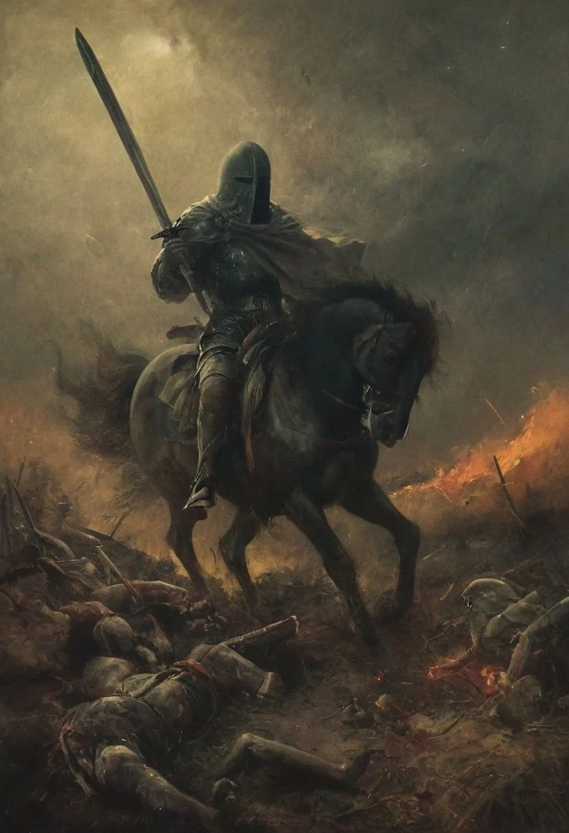 a scene depicting a fight to the death between knights wearing traditional helmets, a sword fight, a lot of blood, a terrifying fight, a killing blow,,together, side by side, and died as heroes a legacy of sacrifice and valor that would be remembered for generations to come.. echoing the fierce intensity of their battle.
creating a hyperpunk scene with desaturated translucent DARK  beige details, colorful (polaroid:0.7) with vibrant colors, (vacations, high resolution:1.3), (small, selective focus, european film:1.2), (sexual advance:1.1), ,end of hopes ,silence, extremely detailed,dark,sad, easynegative, digital artwork by Beksinski, extremely detailed, dark, chiaroscuro, low-key,in the style of Kelly Slater ,style by Kelly Slater,closeup,digital artwork by Beksinski, style of Kelly Slate