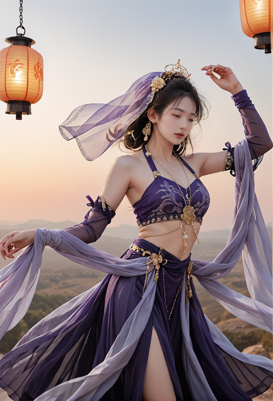1girl,solo,hair ornament,dancing,,ruanyi0757,detached sleeves,jewelry,purple dress,see-through,shawl,veil,sky lantern,<lora:0757 Exotic Priestess_v1_pony:1>, score_9,score_8_up,score_7_up,,8k,1girl,solo,