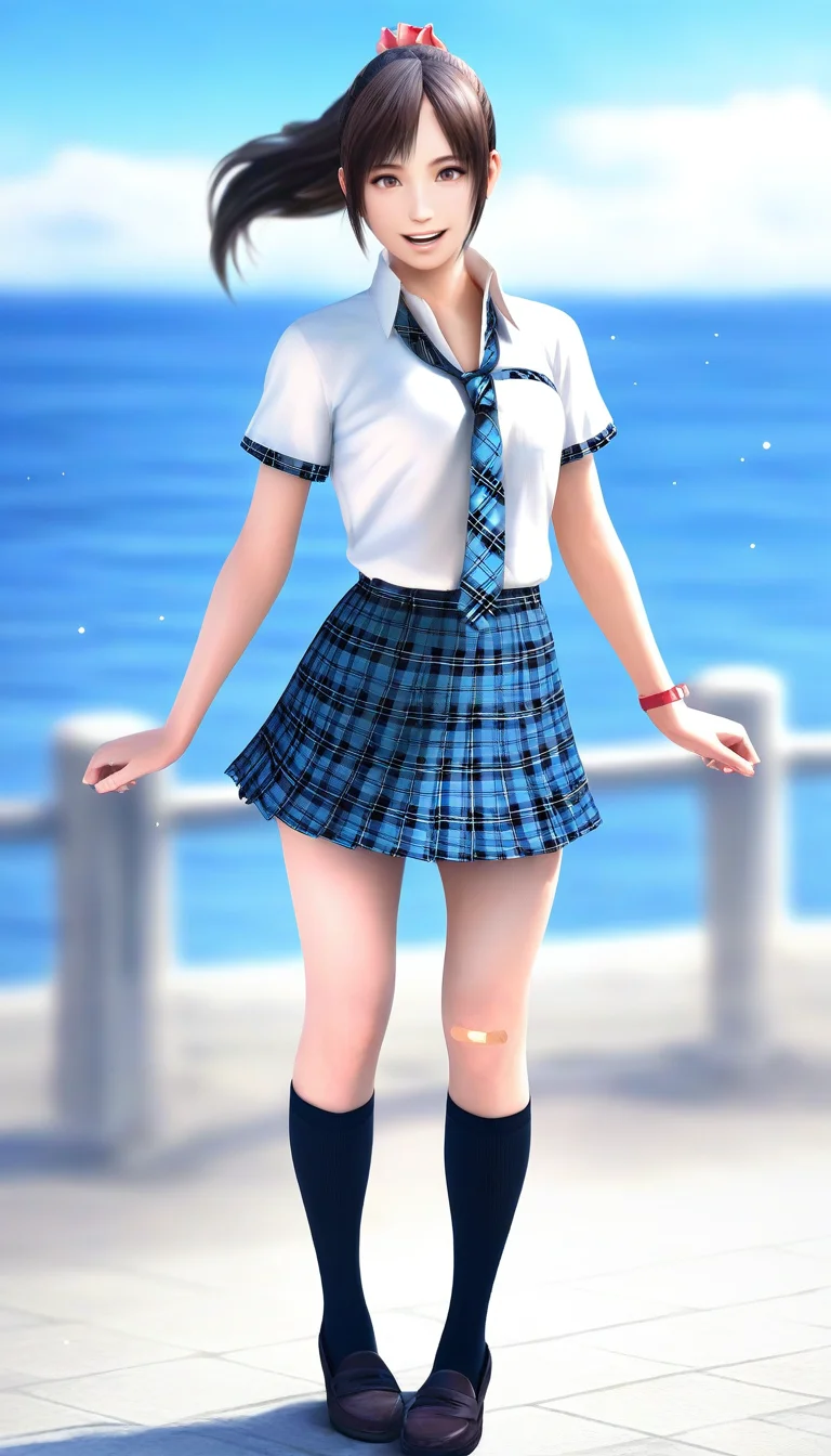 masterpiece,best quality,amazing quality,
<lora:miiyamotohikariNAI:1>,miiyamotohikari,realistic,
1girl,solo,black hair,ponytail,bangs,pink scrunchie,brown eyes,white collar shirt,blue plaid skirt,blue plaid necktie,red wristband,
black kneehighs,brown loafers,
standing,full body,parted lips,flowing hair,smile,looking at viewer,
day,sea,
soft lighting,bloom,light particles,