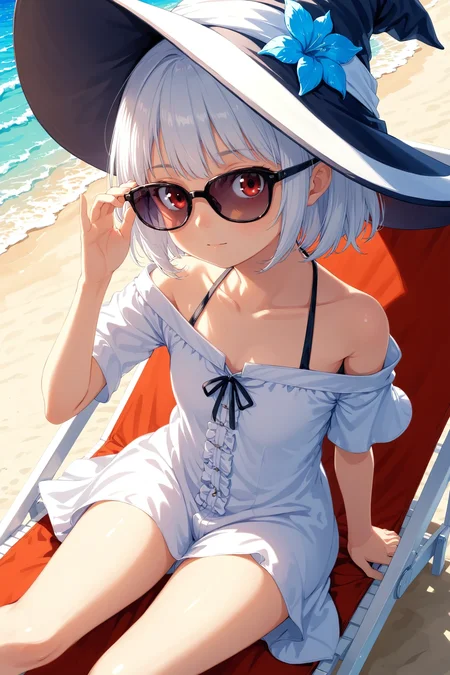 cute, 1girl, solo, early teen, white short hair, red eyes, wizard hat, robe, from above, close-up, reclining on beach chair, hand on eyewear, sunglasses, beach, summer, sunlight, dynamic angle, depth of field