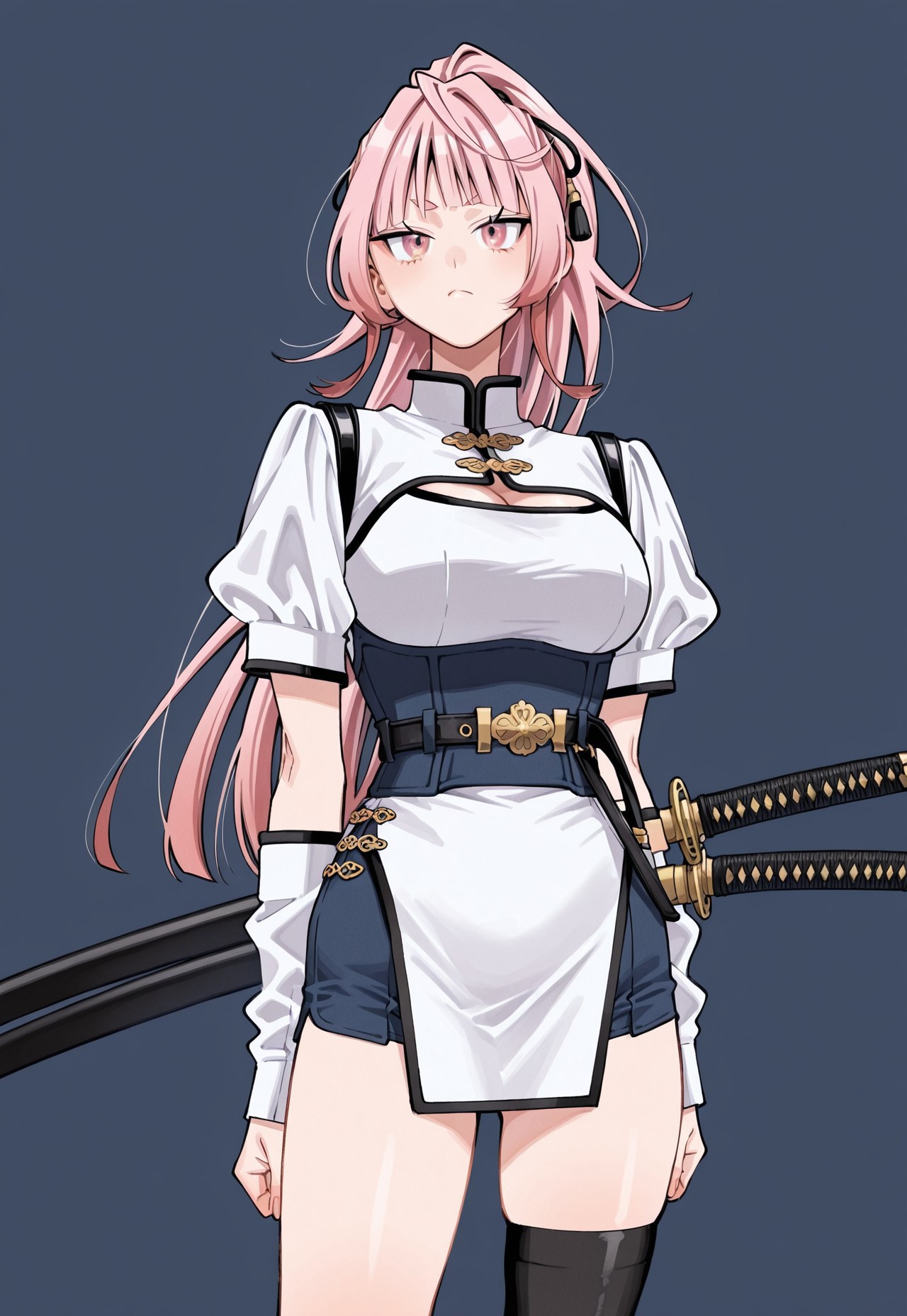 nei takarai, long pale pink hair, ponytail, hair ribbons, sharp pink eyes, large breasts, slim waist, twin sheathed katanas on left side of waist, 2 katanas, 2 sheathes, white high-collar short-sleeve mini-dress with black trim, navy blue corset-style waist belt with gold fasteners, navy blue shorts, black thigh-high stocking on left leg only with gold snake emblem, bare right leg, detached white sleeves on forearms with black trim and gold ornaments on ends, standing confidently with a calm expression, full color, manga
