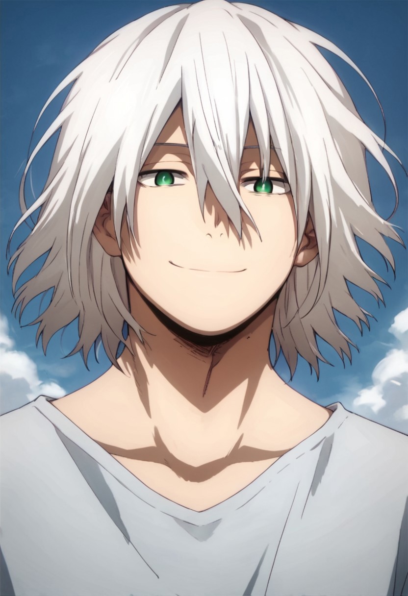 score_9,score_8_up,score_7_up,score_6_up,score_5_up, source_anime, smile,detailed background, mature, man, male focus, 1boy, blue sky background, White hair, green eyes, source_anime, hair between eyes
