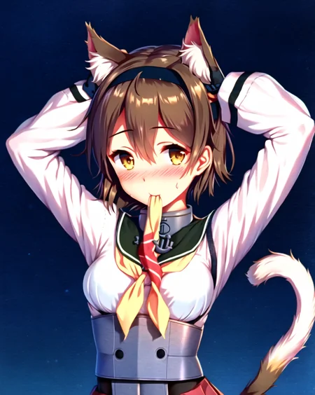 by himitsu \(hi mi tsu 2\), 1girl, solo, hatsuzuki (kancolle), bodysuit, mouth hold, tail, breasts, anchor symbol, blush, brown hair, cat tail, hair flaps, black bodysuit, looking at viewer, hairband, ribbon, skirt, short hair, corset, yellow eyes, arms up, pleated skirt, hair between eyes, ribbon in mouth, headband, kemonomimi mode, gradient background, bangs, tying hair, gradient, small breasts, upper body, school uniform, white ribbon, black skirt, gloves