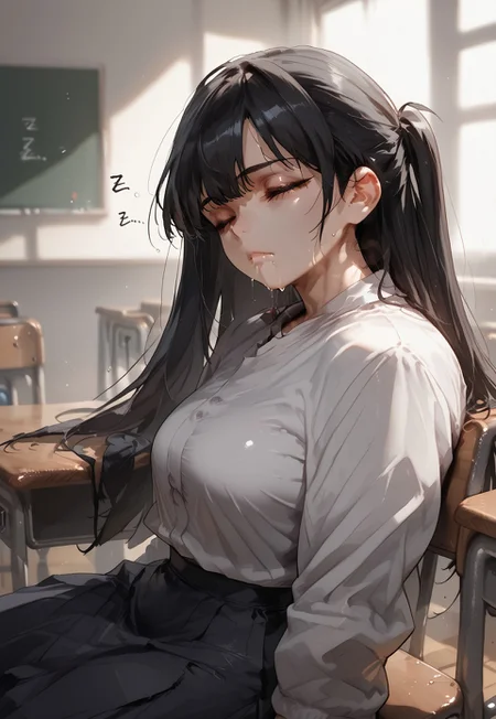 score_9, score_8_up, score_7_up, 1girl, closed eyes eyes, long hair, black hair, medium breast, looking at viewer, cowboy shot, school clothes, sitting in chair, drooling, tired, sleeping, from side, looking up, “ZZZ”, lying on desk