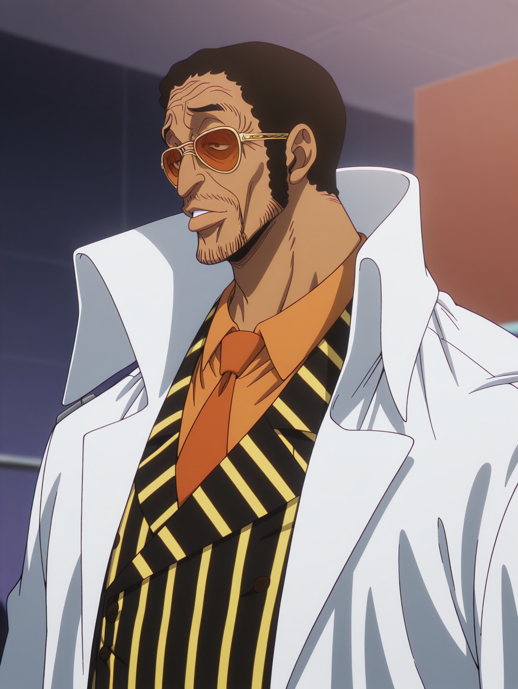 masterpiece, best quality, amazing quality, Borsalino, shirt, formal, 1boy, sunglasses, necktie, dark skin, facial hair, labcoat, 1 boy, solo, male focus