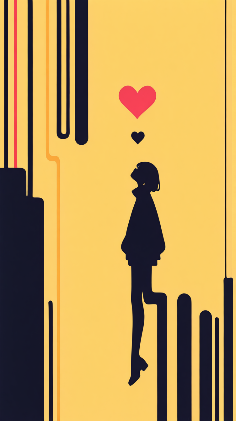 Flatline, Flat vector illustration, haiz_ai,, simple_background, yellow_background, black, yellow, red, stylized, minimalism, french_kiss, anarchy, heart_\(symbol\), japanese art, silhouette, love, death, good quality, masterpiece,best quality,amazing quality,