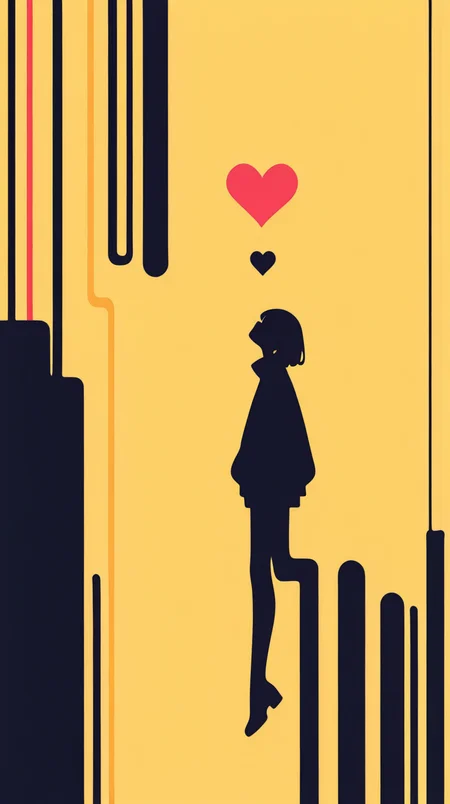 Flatline, Flat vector illustration, haiz_ai,, simple_background, yellow_background, black, yellow, red, stylized, minimalism, french_kiss, anarchy, heart_\(symbol\), japanese art, silhouette, love, death, good quality, masterpiece,best quality,amazing quality,
