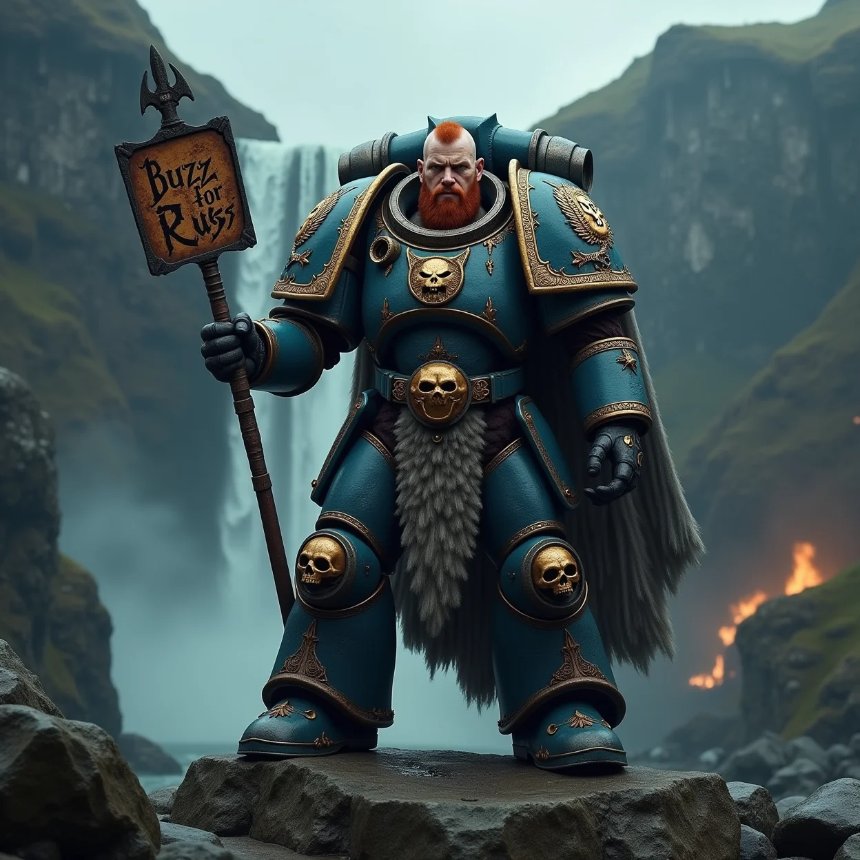 long shot photograph, cinematic, rim light, high details, skin pores, sweat, scar, (wide angle shot), (giant warrior with dark ginger hair in a buzz cut, angry face, square jaw, holding a huge sword with a chainsaw for a blade) and a sign in his other hand which says in heraldic lettering "Buzz for Russ", (Warhammer 40000, Space Wolf, Blue|Grey Space Marine armor, huge shoulder pads with gold ((filigree of a wolf's face)), scar on face, beard, cape of wolf fur, gold skull with wings on chest, skull on knee-pad:1.2), rust on metal, impacts on armor, holes in armor, the space marine is standing on top of a rock looking over a picturesque waterfall in Alaska (rocky battle background, smoke, fire, stone ruins, storm, raining), the theme of war, loss, and sadness permiates the picture. In the grim darkness of the future, there is only war.
