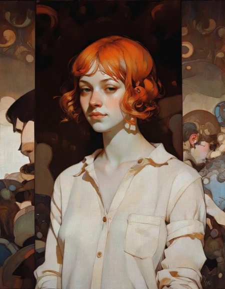 Steve McDonald Art. This image is a digital painting in a realistic style, depicting a young woman with striking, bright orange-red hair styled in soft, loose curls that frame her face. Her skin is pale, and her expression is calm yet slightly contemplative. She wears a simple, long-sleeved white shirt that has a slightly textured appearance, suggesting it is made of a fabric like linen or cotton. The background is a dark, muted brown, with a mix of abstract, swirling patterns that create a sense of depth and mystery. 
To the left and right of the woman, there are indistinct shapes that hint at other figures or objects, but they are blurred and out of focus, drawing attention back to the central subject. The lighting is soft and natural, casting gentle shadows that enhance the texture of her hair and the fabric of her shirt. The overall mood of the painting is serene and introspective, with a hint of melancholy. The use of warm and cool tones in the color palette creates a rich, almost ethereal atmosphere, adding to the emotional depth of the composition. The image is signed in the bottom right corner, but the artist's name is not visible. <lora:Steve_McDonald:1.25>