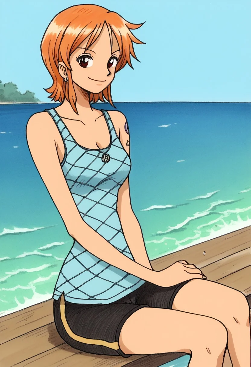 Bpb1,traditional media,score_9, score_8_up, score_7_up, score_6_up, ,1girl, solo , outdoors,, cowboy shot,smile, sitting on a dock by the ocean,tanktop, dark shorts,orange hair,nam1,arlong tattoo