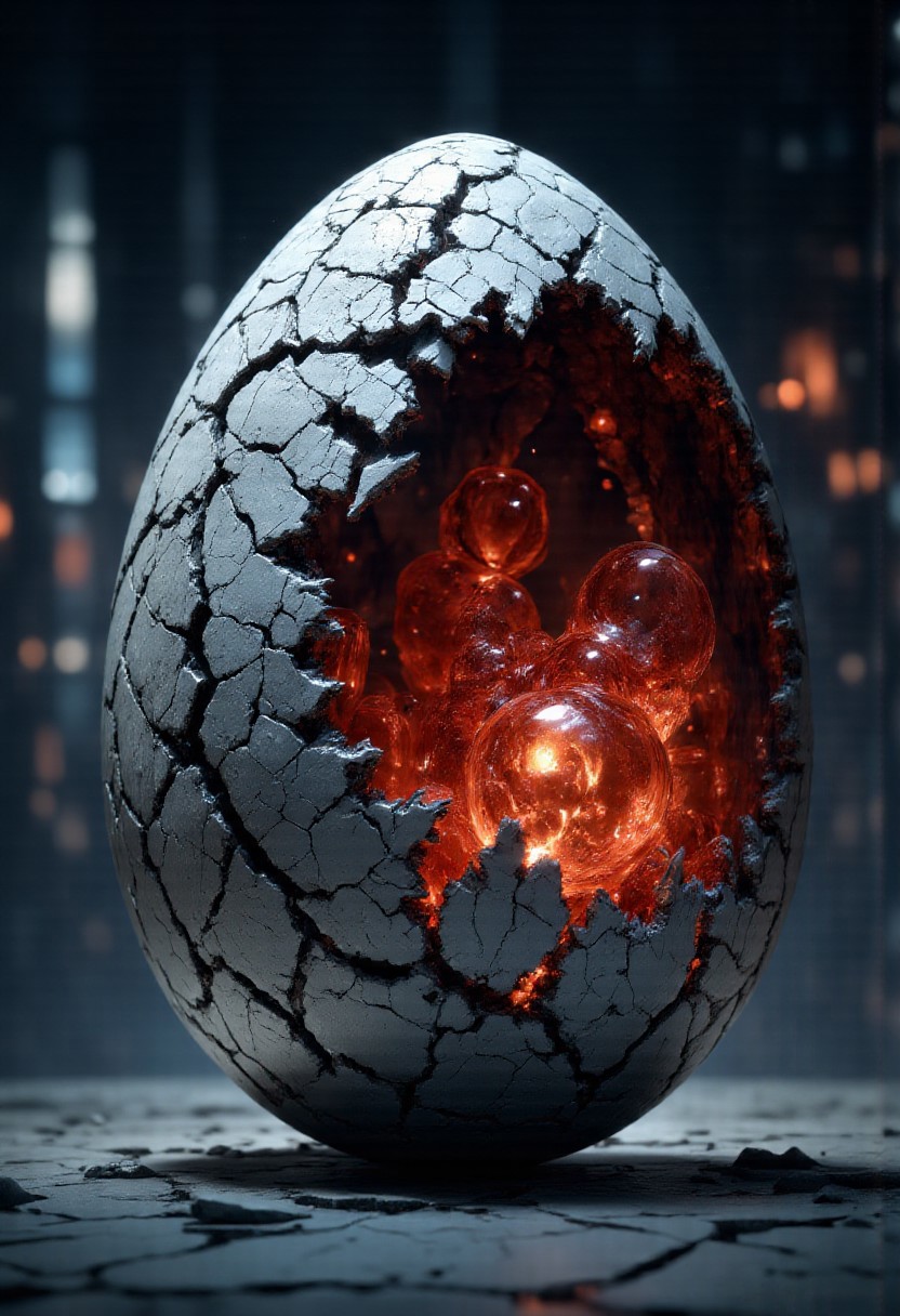 masterpiece, best quality, A hyper-realistic of picture a hyper-realistic 3D rendered fantasy dragon egg centered in the frame against a minimalist gray background with subtle reflections. The egg features an intricate cracking exterior shell in grayscale tones, revealing an illuminated red crystalline interior structure with organic bubble-like formations. The surface is detailed with precise cracks and fissures, while professional studio lighting emphasizes the contrast between the cool exterior and the warm, glowing core. The composition employs shallow depth of field and front lighting to create a dramatic, otherworldly atmosphere. Professional product photography with sharp focus on the subject and studio lighting against a neutral background.