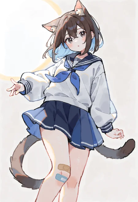 1girl, solo, white background, simple background, masterpiece, best quality, very aesthetic, absurdres, (Illustrate a translucent watercolor painting, with delicate washes of color, subtle blending, and an airy, dreamlike quality), (sketch, outline, lineart:1.1), (oekaki, tegaki, backlight:1.2), komerina, <lora:komerina_Animagine3.1_v1.0:1>, animal, animal ear fluff, animal ears, bandaid, bandaid on knee, bandaid on leg, black eyes, blue hair, blue skirt, brown hair, cat ears, cat tail, closed mouth, full body, hair between eyes, holding, holding bag, hood, hood down, hoodie, long sleeves, looking at viewer, neckerchief, parted lips, ribbon, skirt, tail, white skirt