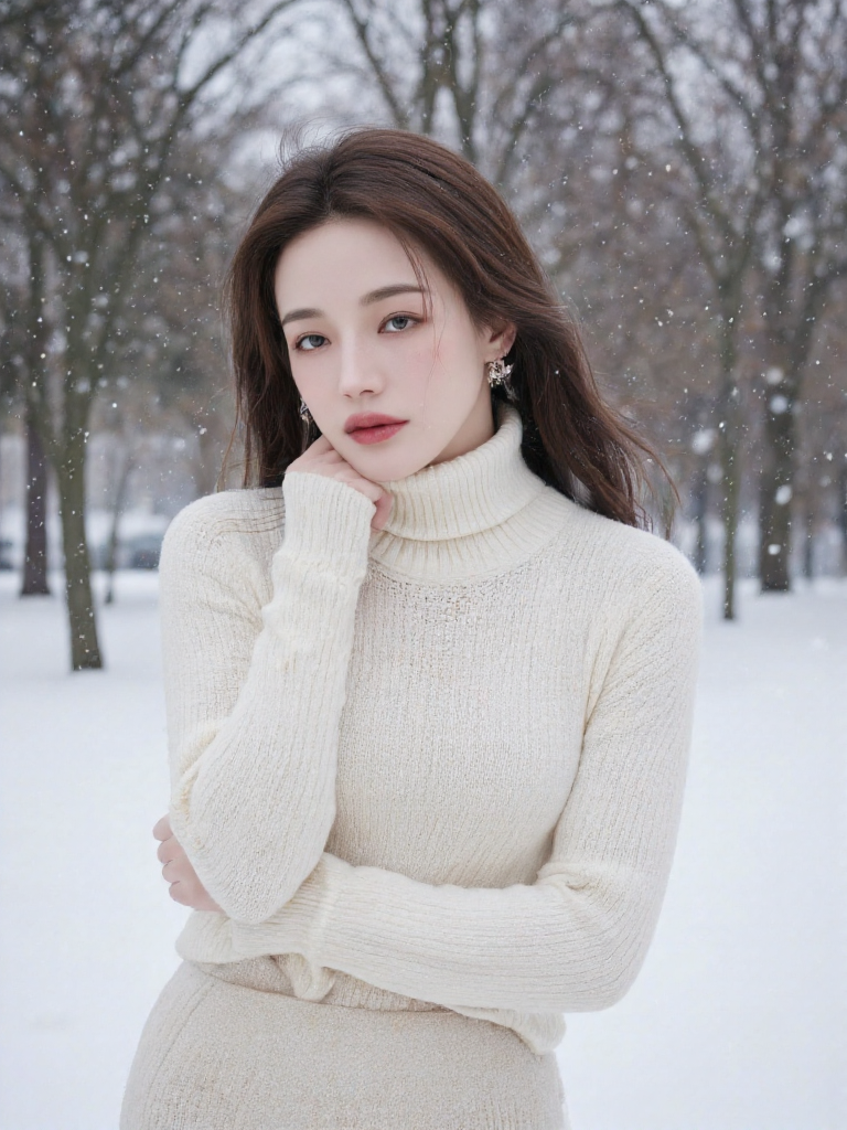 There are wonderful studio lights and various reflections,her thin face is very delicate,
18yo beautiful cute girl with blushing and female orgasm.skin naturally showing the texture of blood vessels and detailed pale skin,looking at viewer,
cowboy shot,(full body:0.7),--,
--,<lora:Hsu_Chi_f1_rank2_bf16:1>,she is Hsu Qi,
--, A stunning woman in a white knitted turtleneck and a woolen midi skirt with a slit, in heavy snowfall. Bare trees and white - covered ground in the background. Snowflakes fall and accumulate on her. Soft overcast light creates a serene atmosphere. Multiple exposure: Overlay her image with falling snowflakes and faint tree silhouettes, adding depth and a dreamy quality. Modern artistic style contrasts her warm clothing with the cold, highlighting cozy yet sexy charm.