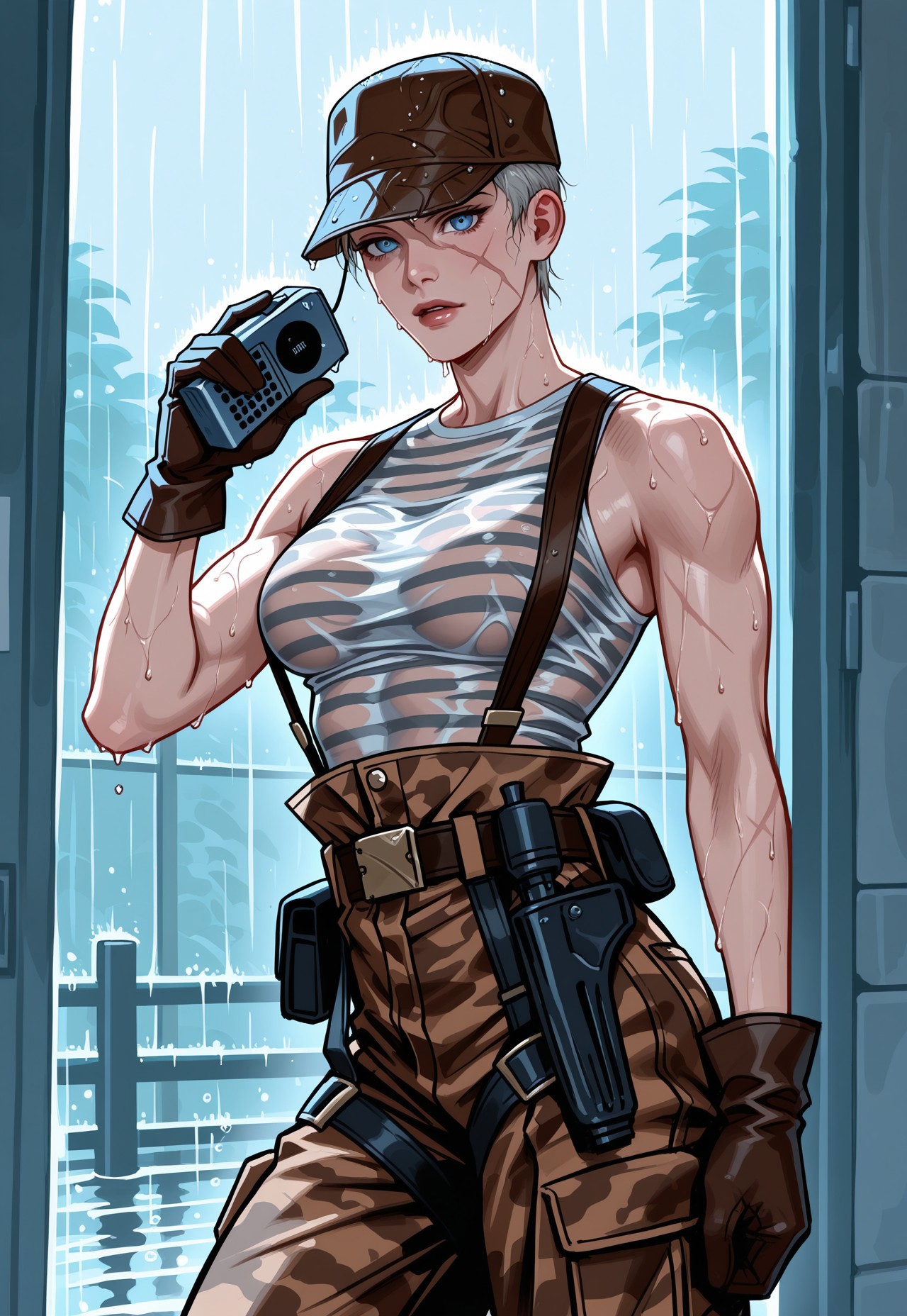 masterpiece, best quality, detailed, realistic, cowboy shot, 1girl, solo, olgamgs, very short hair, grey hair, diagonal scar on face, blue eyes, breasts, striped tank top, hat, high-waist pants, brown camouflage pants, suspenders, gloves, belt, holster, rain, wet hair, wet skin, wet clothes, no bra, holding radio, 