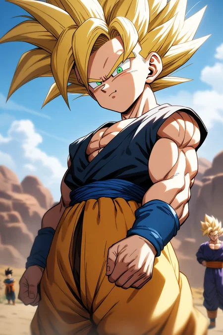masterpiece, best quality, very aesthetic, absurdres, 1boy, son gohan, dragon ball, super saiyan, green eyes
