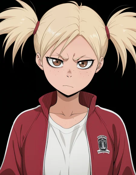 <lora:Hiyori:1>
hiyor1, blonde hair, freckles, brown eyes, short twintails,
red tracksuit, open jacket, white tshirt, looking at viewer, 
anime screenshot,
simple black background,