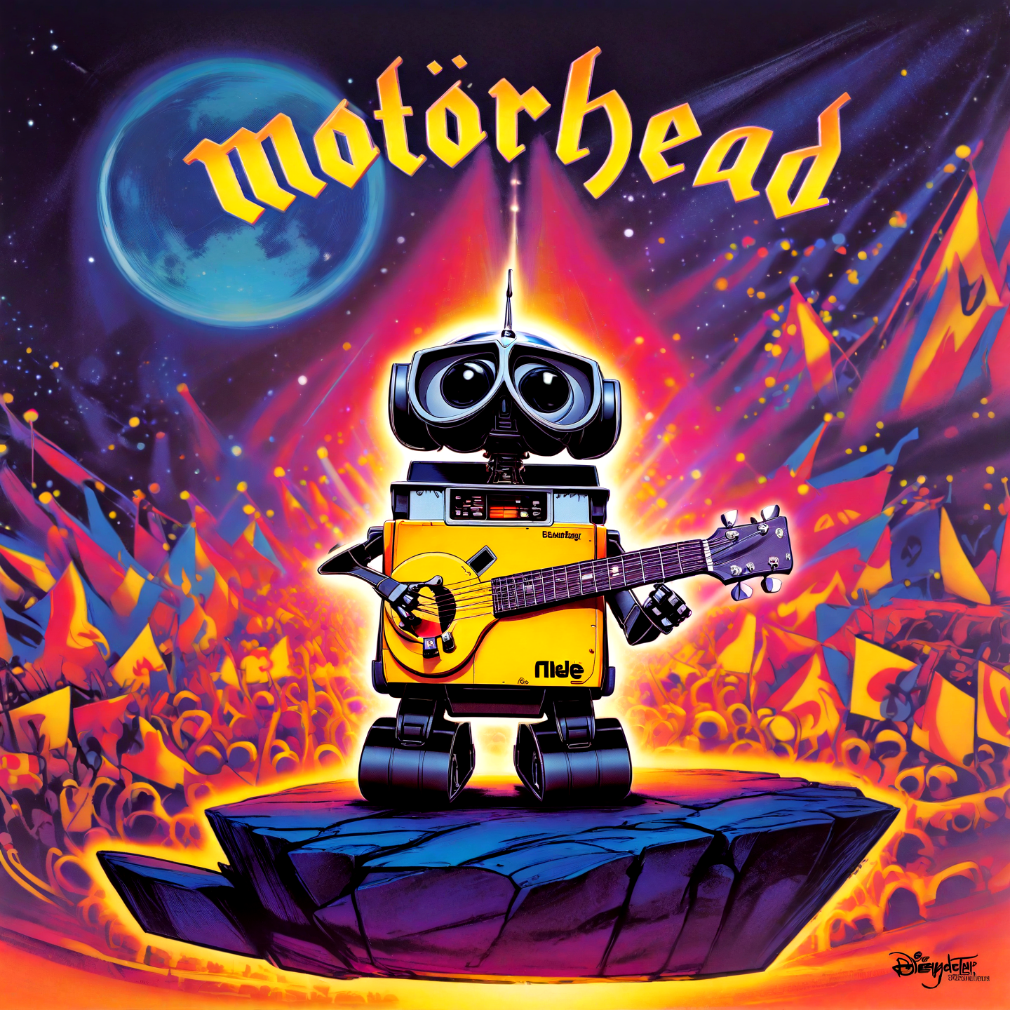 Disney animation style (WALL-E:1.1) as lemmy from motörhead, playing guitar on a rock concert, motörhead_cover, record cover, ,,. Bright colors, fluid motion, charming characters, wholesome storytelling, hand-drawn animation