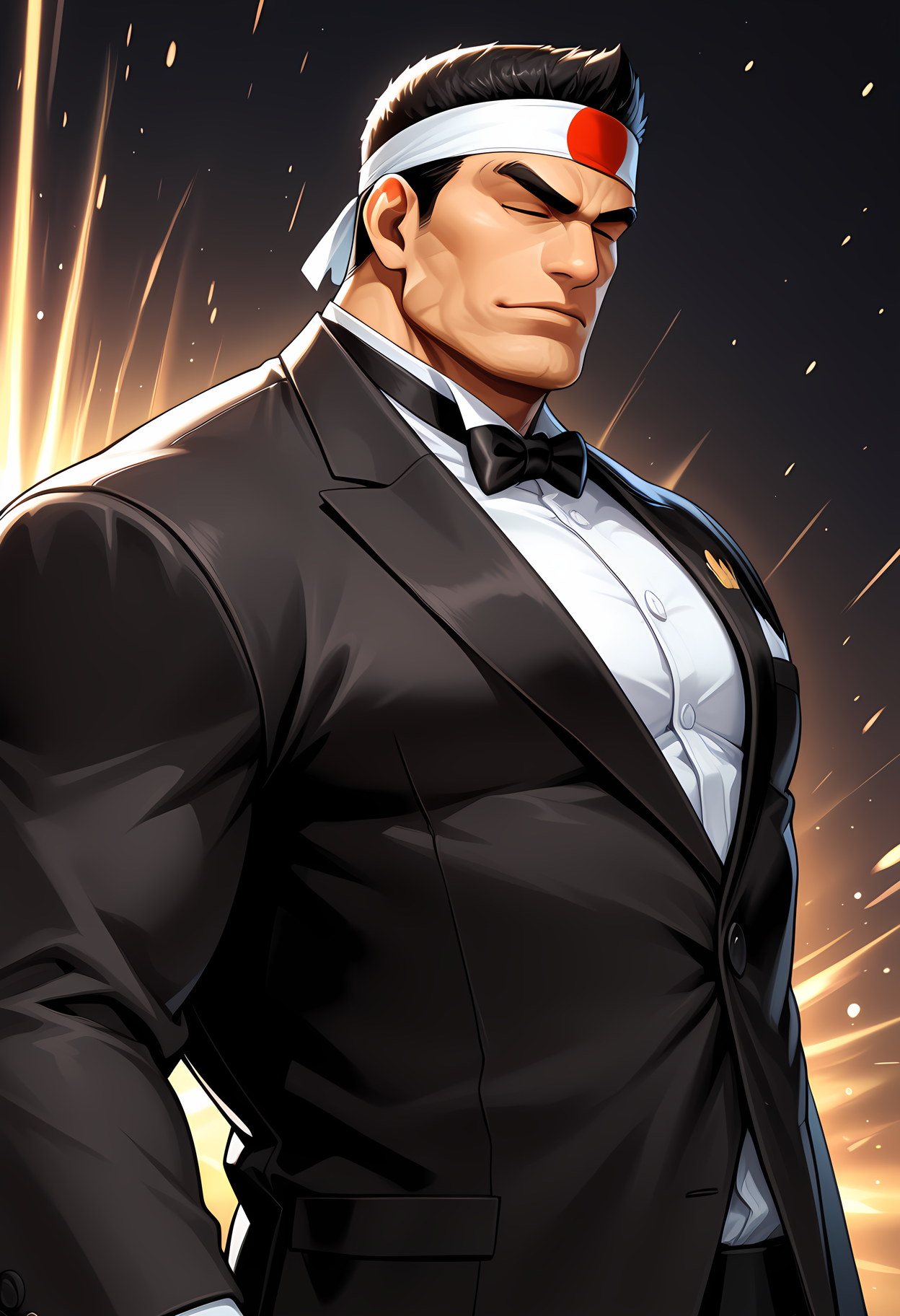 masterpiece, best quality, amazing quality, dutch angle, abstract background, BREAK
1boy, solo, male focus, kof_goro, black hair, eyes closed, headband, thick eyebrows, bara, muscular male, black tuxedo, formal, bow tie, BREAK
<lora:cfg_scale_boost:.6>   <lora:Goro_Daimon_-_The_King_of_Fighters_-_ILXL:1>
