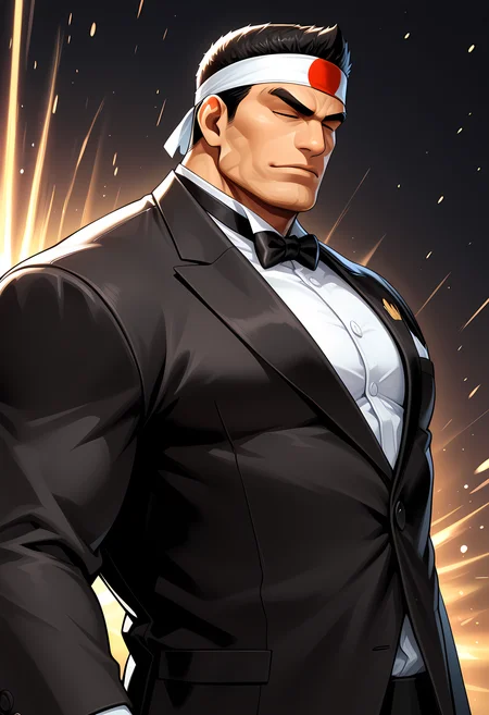masterpiece, best quality, amazing quality, dutch angle, abstract background, BREAK
1boy, solo, male focus, kof_goro, black hair, eyes closed, headband, thick eyebrows, bara, muscular male, black tuxedo, formal, bow tie, BREAK
<lora:cfg_scale_boost:.6> <lora:Goro_Daimon_-_The_King_of_Fighters_-_ILXL:1>
