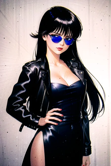 takada akemi, ayukawa madoka,

1980s \(style\), 1girl, black dress, black hair, breasts, cleavage, dress, hand on hip, jacket, leather, leather jacket, lipstick, long hair, makeup, medium breasts, nail polish, open clothes, open jacket, painting \(medium\), retro artstyle, sleeves past wrists, solo, traditional media, watercolor \(medium\), sunglesses,

<lora:takada_akemi_offset:1>