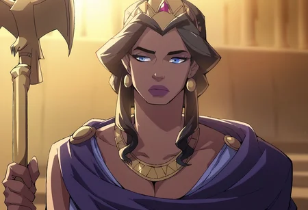 safe_pos, score_9, score_8_up, score_7_up, hippolyta, long hair, blue eyes, black hair, makeup, lipstick, dress, jewelry, earrings, purple dress, necklace, crown, tiara, staff, cleavage