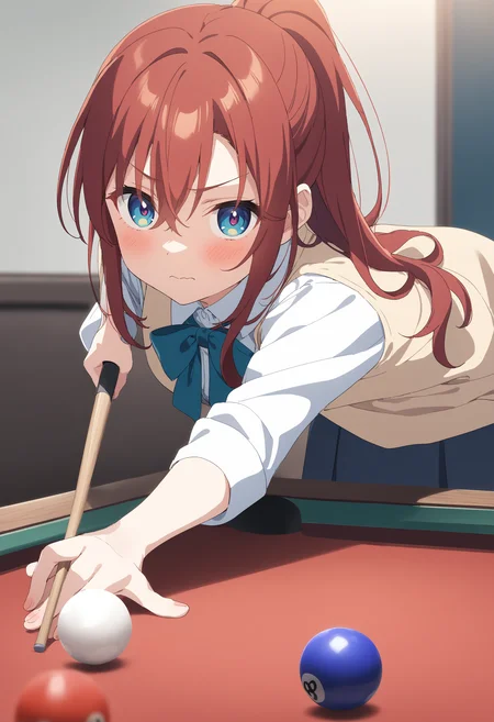 1girl,sincos, ningen mame, toosaka asagi,solo,medium breasts,school uniform,
billiards,cue stick, billiard ball, pool table, indoors,<lora:billiards_XL_v1:0.8>
from side, panorama shot, looking at viewer, red hair, pink eyes,grimace,closed mouth, high ponytail hair,,
best quality, very aesthetic, absurdres