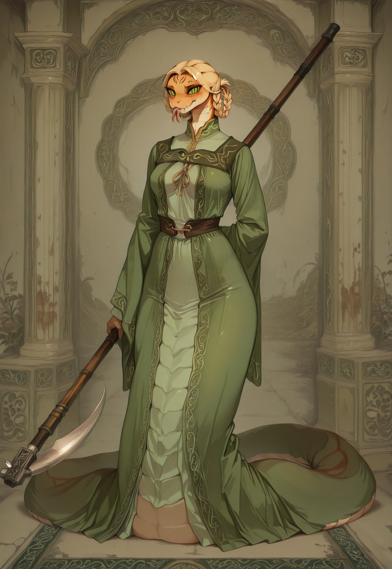 masterpiece,best quality,amazing quality, indoors, pillar
<lora:Anthropomorphic_snakes_Naga:1> anthropomorphic_snakes_(naga), 
ry4, blonde hair, braid, green eyes, braided hair rings, mole under mouth, slit pupils, solo
green dress, wide sleeves
smile, forked tongue, long tongue, tongue out, closed mouth, siiesfrtdeer, looking at viewer, grin, smug,
black aura, black energy, blood stain, casting spell, fighting stance, dynamic pose, foreshortening, standing, holding scythe, flaming weapon, menacing, full body,
dynamic pose, dutch angle, dynamic angle
<lora:Rya:1>,  <lora:forkedtongue_Illust_v1:1>,   <lora:Chinoiserie_Illu_Style:1> Chinoiserie, no humans, colored skin, fangs, facial mark, slit pupils, furry, colored sclera, black sclera, snake, scales, furry female, multicolored skin, snake girl, alien, lamia, squama, Snakegirl, Chinoiserie,  <lora:reptiloids_sdxl_v05_495-15-0:0.4> reptiloid, snake head,
