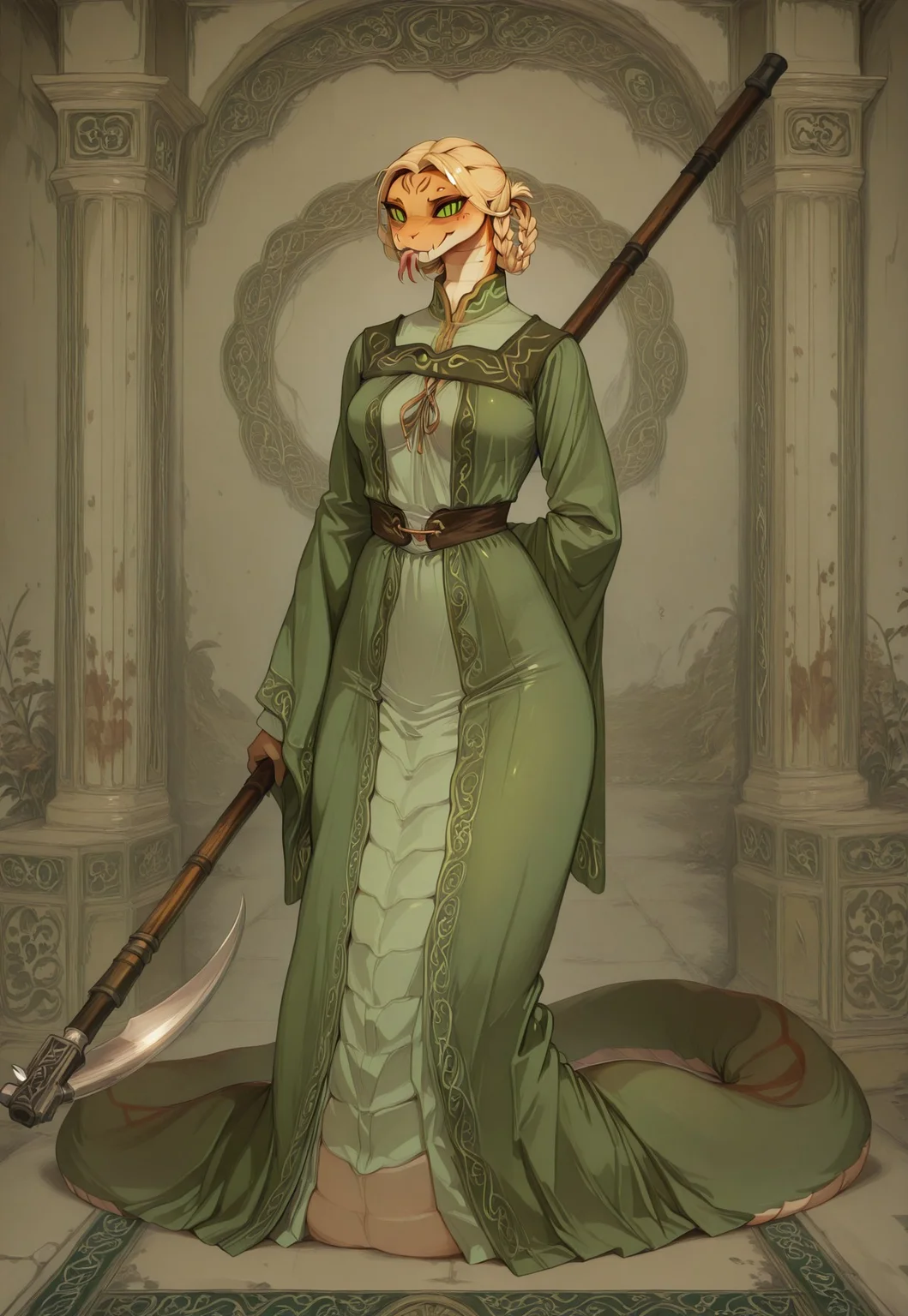 masterpiece,best quality,amazing quality, indoors, pillar
<lora:Anthropomorphic_snakes_Naga:1> anthropomorphic_snakes_(naga),
ry4, blonde hair, braid, green eyes, braided hair rings, mole under mouth, slit pupils, solo
green dress, wide sleeves
smile, forked tongue, long tongue, tongue out, closed mouth, siiesfrtdeer, looking at viewer, grin, smug,
black aura, black energy, blood stain, casting spell, fighting stance, dynamic pose, foreshortening, standing, holding scythe, flaming weapon, menacing, full body,
dynamic pose, dutch angle, dynamic angle
<lora:Rya:1>, <lora:forkedtongue_Illust_v1:1>, <lora:Chinoiserie_Illu_Style:1> Chinoiserie, no humans, colored skin, fangs, facial mark, slit pupils, furry, colored sclera, black sclera, snake, scales, furry female, multicolored skin, snake girl, alien, lamia, squama, Snakegirl, Chinoiserie, <lora:reptiloids_sdxl_v05_495-15-0:0.4> reptiloid, snake head,