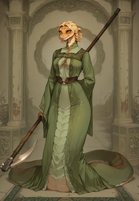 masterpiece,best quality,amazing quality, indoors, pillar
<lora:Anthropomorphic_snakes_Naga:1> anthropomorphic_snakes_(naga), 
ry4, blonde hair, braid, green eyes, braided hair rings, mole under mouth, slit pupils, solo
green dress, wide sleeves
smile, forked tongue, long tongue, tongue out, closed mouth, siiesfrtdeer, looking at viewer, grin, smug,
black aura, black energy, blood stain, casting spell, fighting stance, dynamic pose, foreshortening, standing, holding scythe, flaming weapon, menacing, full body,
dynamic pose, dutch angle, dynamic angle
<lora:Rya:1>,  <lora:forkedtongue_Illust_v1:1>,   <lora:Chinoiserie_Illu_Style:1> Chinoiserie, no humans, colored skin, fangs, facial mark, slit pupils, furry, colored sclera, black sclera, snake, scales, furry female, multicolored skin, snake girl, alien, lamia, squama, Snakegirl, Chinoiserie,  <lora:reptiloids_sdxl_v05_495-15-0:0.4> reptiloid, snake head,