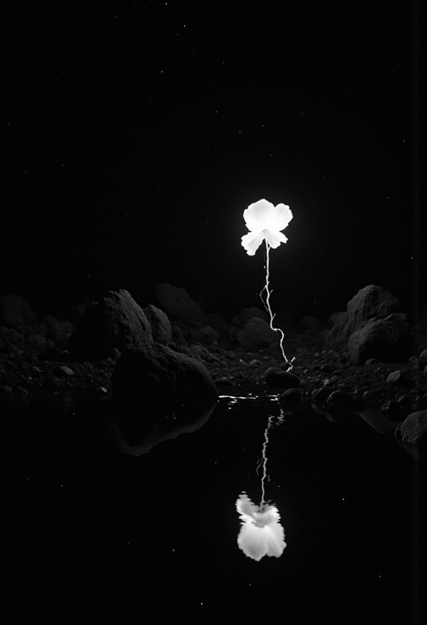 infrared image, zavy-flrscnt, black and white, monochrome, macrophotography photo of a small glowing white flower on an all black plant, the plant is alone and growing on a small alien rocky barren asteroid next to a tiny puddle of water, the glowing florescent flower reflecting in the small puddle, cosmic galaxy stars visible in the background, the glowing flower is the only source of light on the asteroid, Frank Frazetta fantasy oil painting