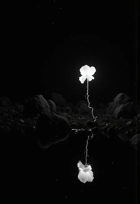 infrared image, zavy-flrscnt, black and white, monochrome, macrophotography photo of a small glowing white flower on an all black plant, the plant is alone and growing on a small alien rocky barren asteroid next to a tiny puddle of water, the glowing florescent flower reflecting in the small puddle, cosmic galaxy stars visible in the background, the glowing flower is the only source of light on the asteroid, Frank Frazetta fantasy oil painting